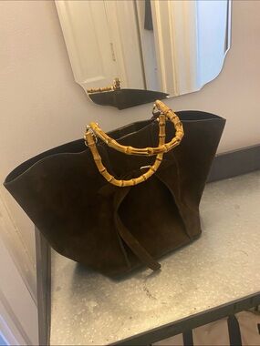 Suede Tote Bag with Bamboo Handles - Brown
